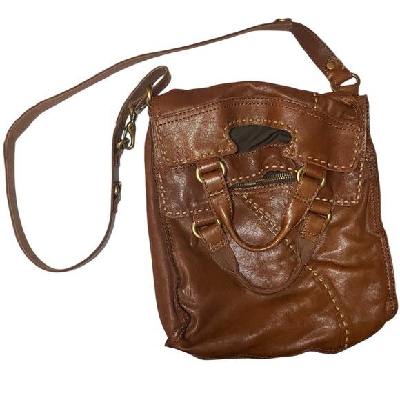 Lucky Brand Abbey Road Foldover Bag Brown Whiskey Leather Whipstitch - Picture 2 of 6